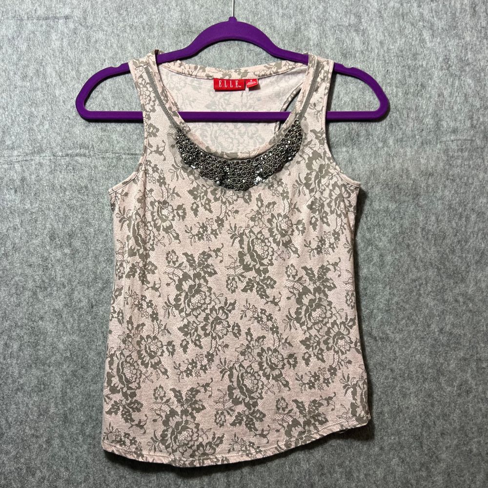 ELLE Floral Tank Top with Beaded Necklace Detail Gray Pink Size S - Picture 8 of 8